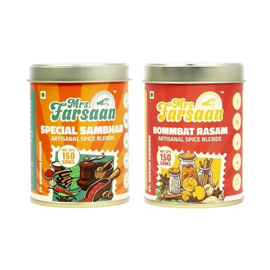 Mrs.Farsaan s Ultimate South Indian Combo | Authentic Sambar Powder + Rasam Powder | Artisanal Spice Blends | Natural Ingredients | Home-Style Masala