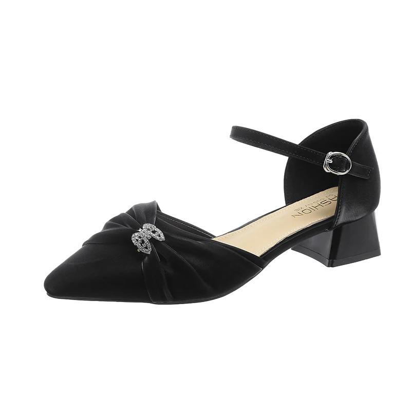 

Баотоу Сандалии на толстом каблуке Весна Новые Остроносые Мелкая посадка Кристальная пряжка Узел-бабочка Линия с обувью на низком каблуке 40