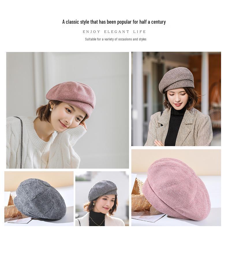 Women's Autumn/Winter Houndstooth Beret - Retro British Style