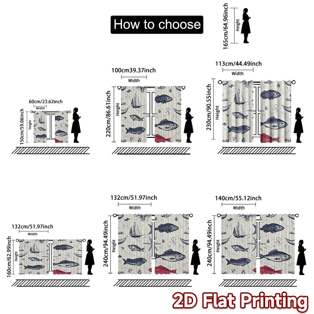 IMPRESSION PLATE 2D 2 pièces Rideaux (Sans Canne) Motif Illustrations de Poissons Nautiques Rideaux Modernes Rideaux en Polyester Art Déco