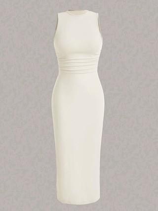

Sleeveless Ruched Waist Midi Dress for Women Summer Spring Solid Color Casual Bodycon Dress S бежевый