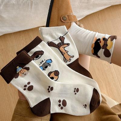 Calzini di Cotone Pile Pile Pile Retro Carino Cartone Animato Cane in Tubo Primavera Autunno Femminile