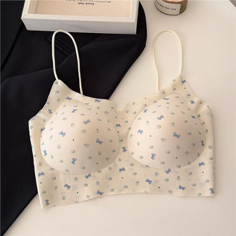 Polka Dot Bow Print Seamless Thin Strap Back Beauty Fixed Cup Vest Bra