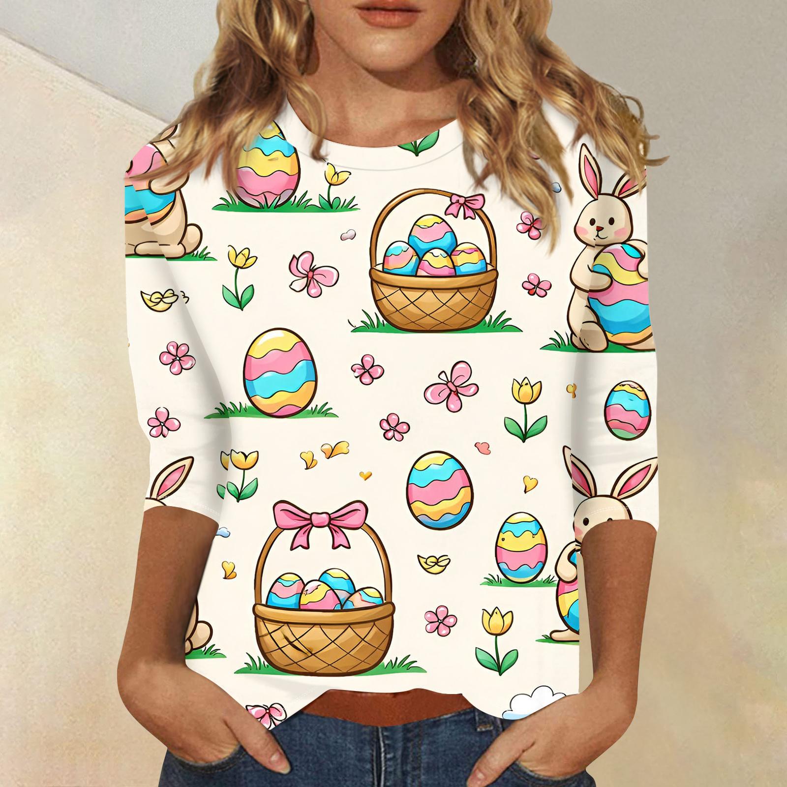 

Women s Fashionable Casual Three-quarter Sleeve Easter Print Round Neck Pullover Top XXXL бежевий