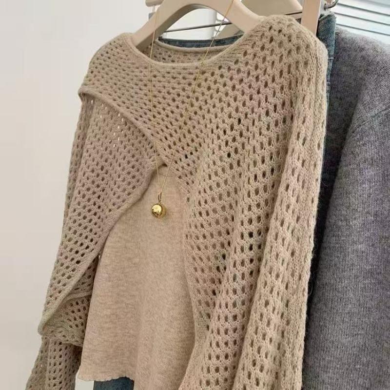 With shawl card color stacking, two-piece long-sleeved knitted sweater, women's new top, high-end autumn wear
