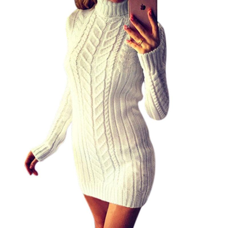Winter And Autumn Fashion Long Sleeve High Collar Twist Slim Sweater Dress