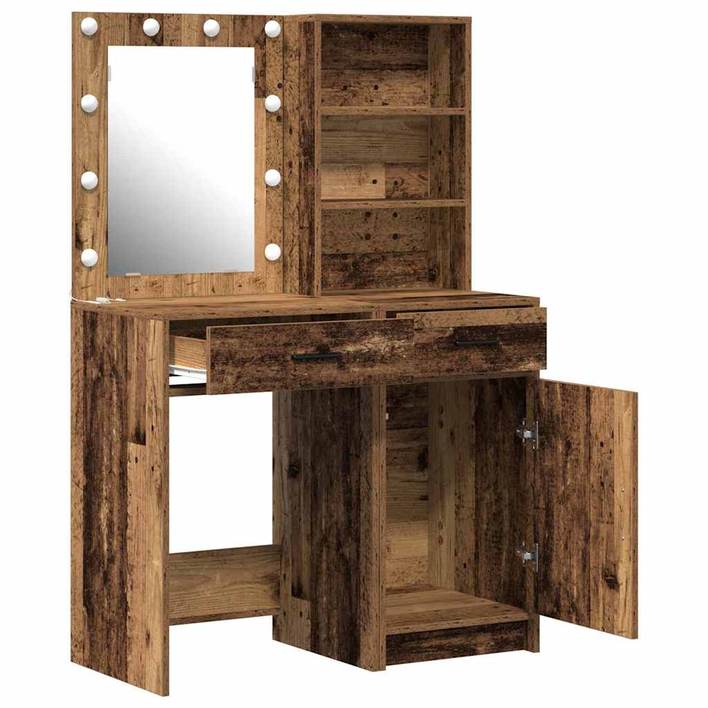 Makeup Table Set with LED Mirror and Shelf 2 pcs Reclaimed Wood Particleboard
