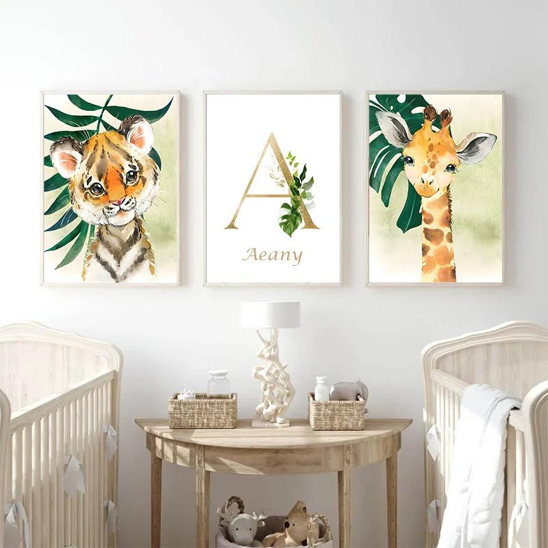 Goldenes Namensposter für Kinder Dschungeltiere Tiger Löwe Babyzimmer Dekorative Leinwandmalerei Kinderzimmerbild für Wandkunst Heimdekoration