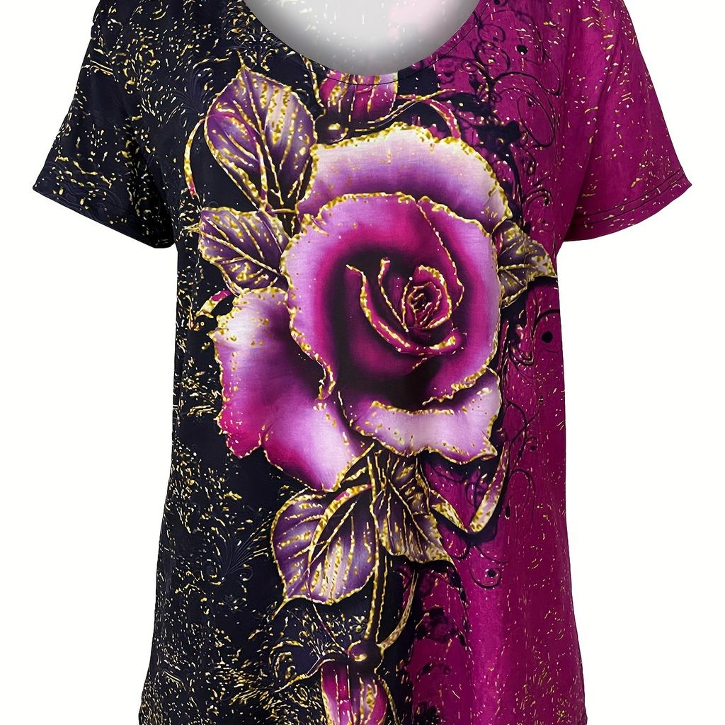 Stylish Rose 3D Print V Neck T-shirt - Women's Casual Short Sleeve Medium Stretch T-Shirts