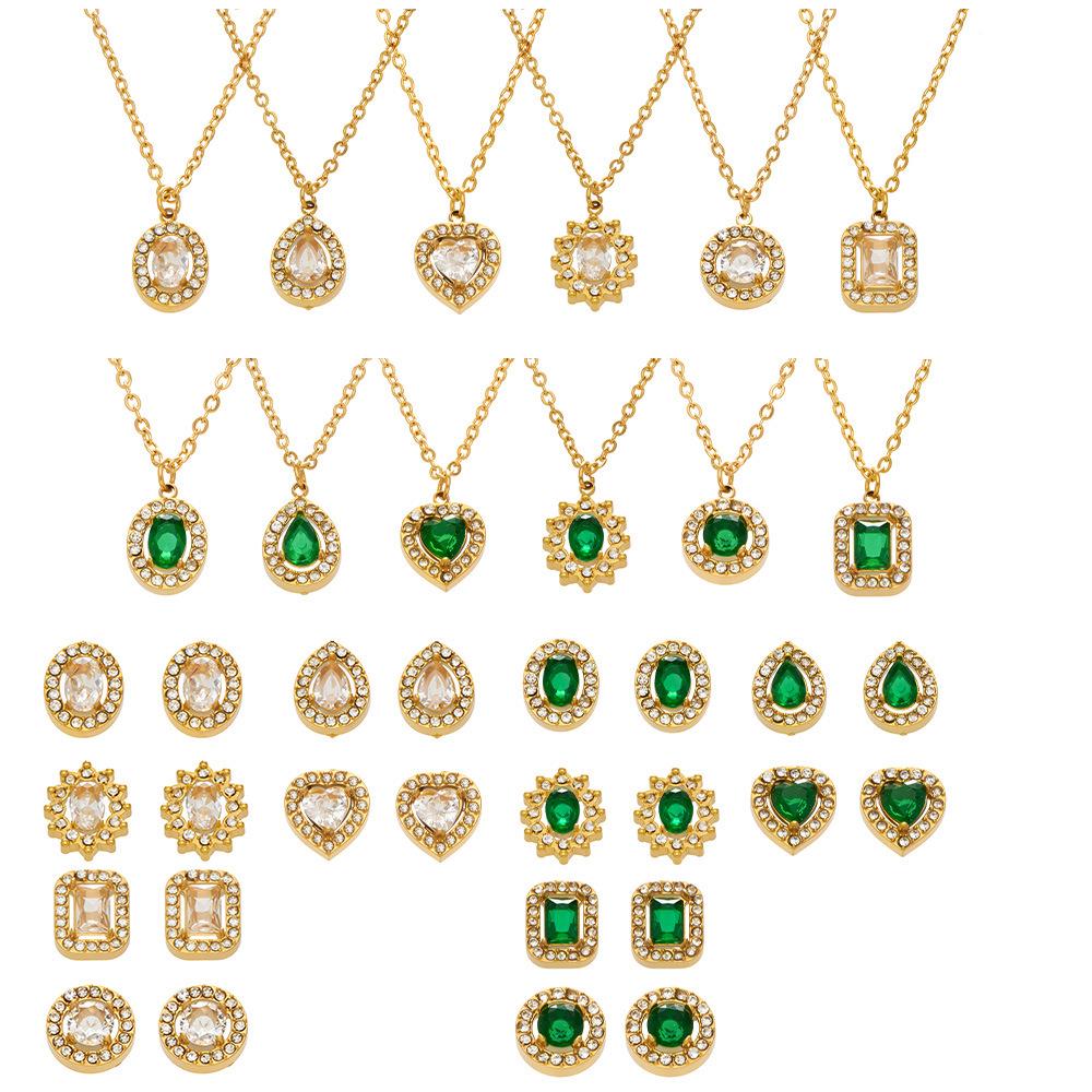 Douyin Trend Wassertropfen Strass Zirkon Anhänger Halskette & Ohrringe Damen Set, 18 Karat Vergoldeter Edelstahl.