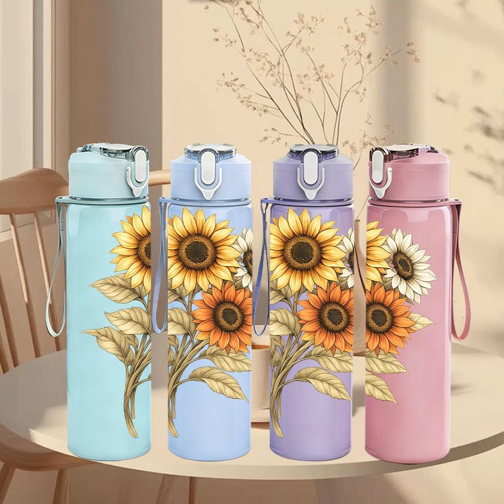 1PC Single Sunflower Watercolor Flower Print 750ml Color Plastic Sports Water Bottle Leakproof Flip Straw Lid Suitable for Sports Office Home Use