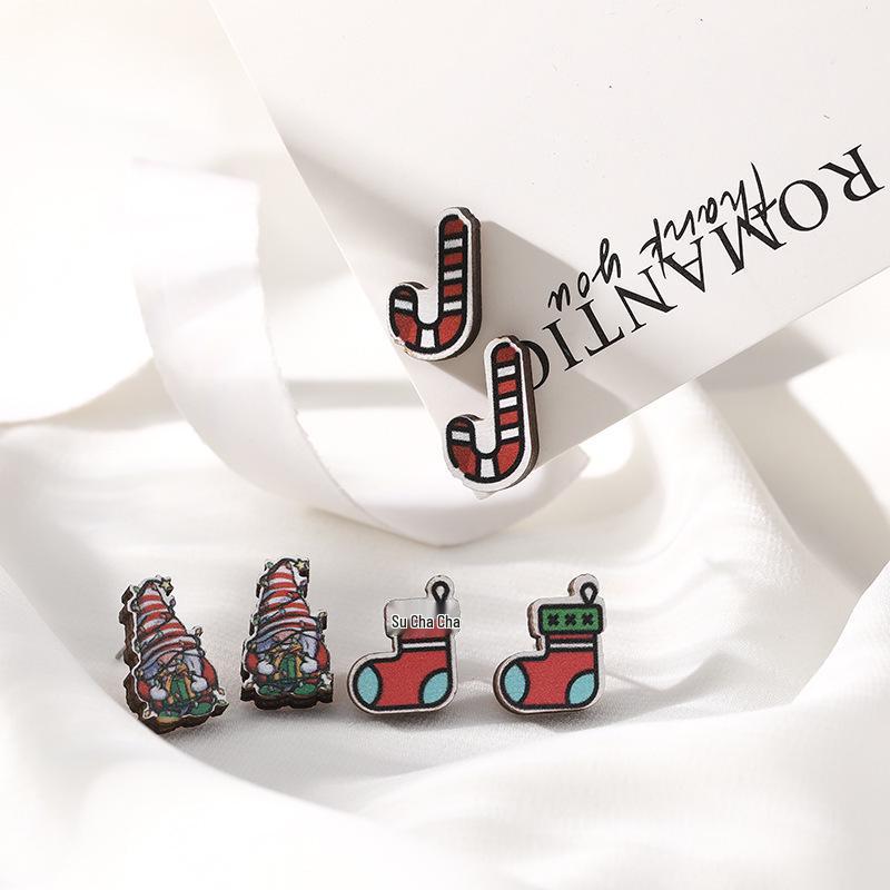 Cute Cartoon Christmas Earrings Set - 6 Pieces, Women's High-End Festive Jewelry
