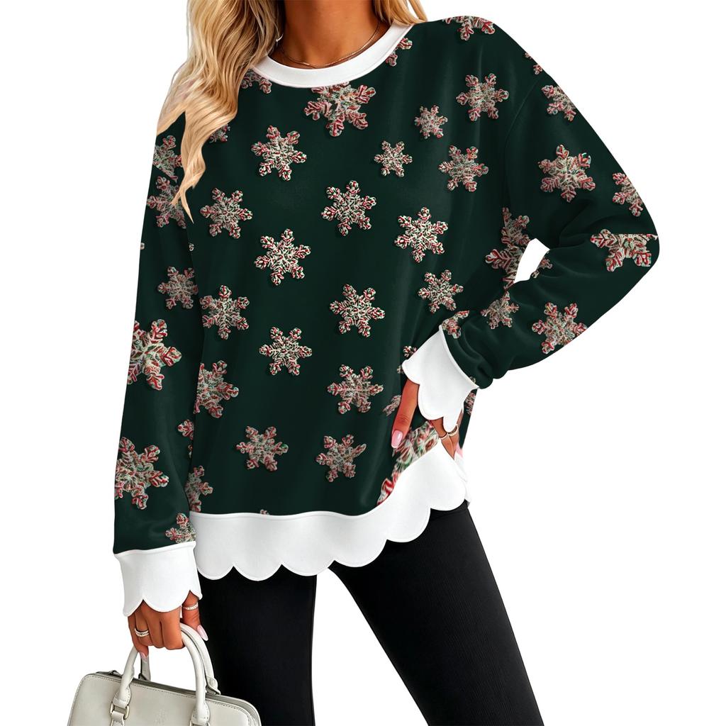 Women's Christmas Print Crewneck Sweatshirt with Scalloped Wavy Hem Casual Holiday Top