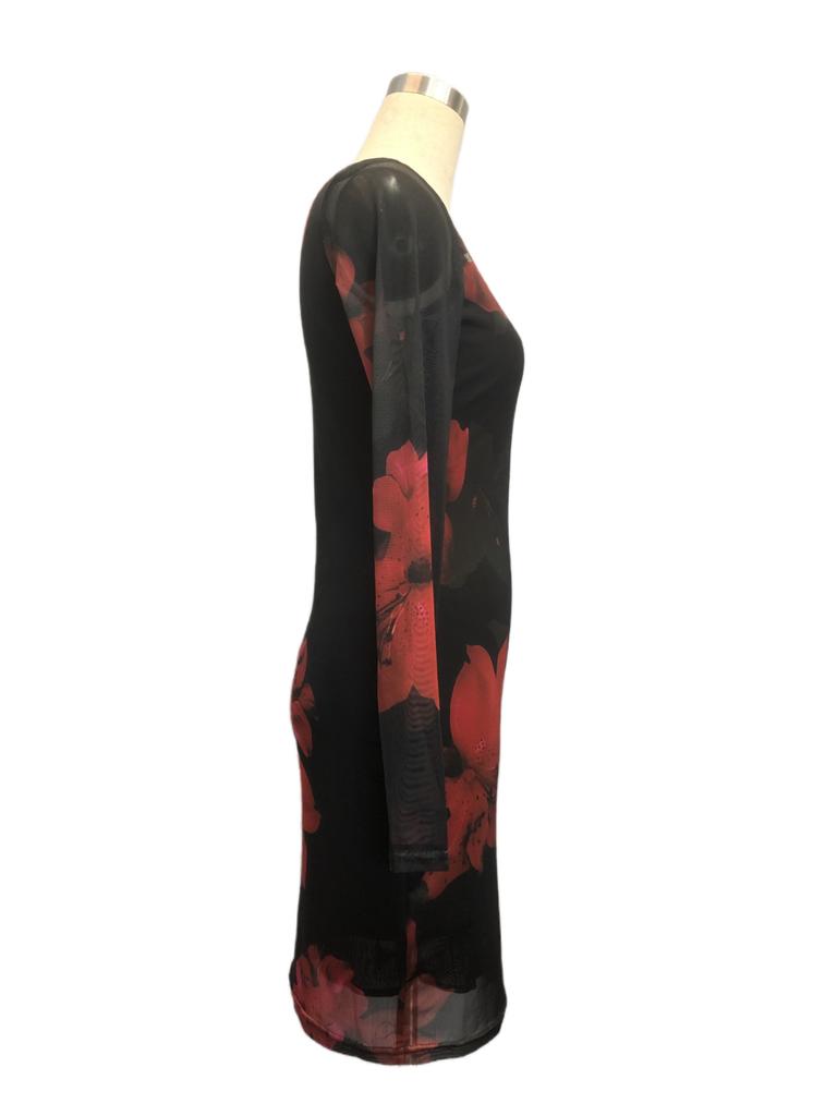 Women Floral Print Mesh Dress Round Neck Long Sleeve Slim Maxi Dress Spring