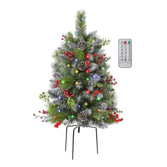 Lighted Artificial Christmas Urn Filler Battery Operated Pre-lit Xmas Pine Trees with Tripod Stake