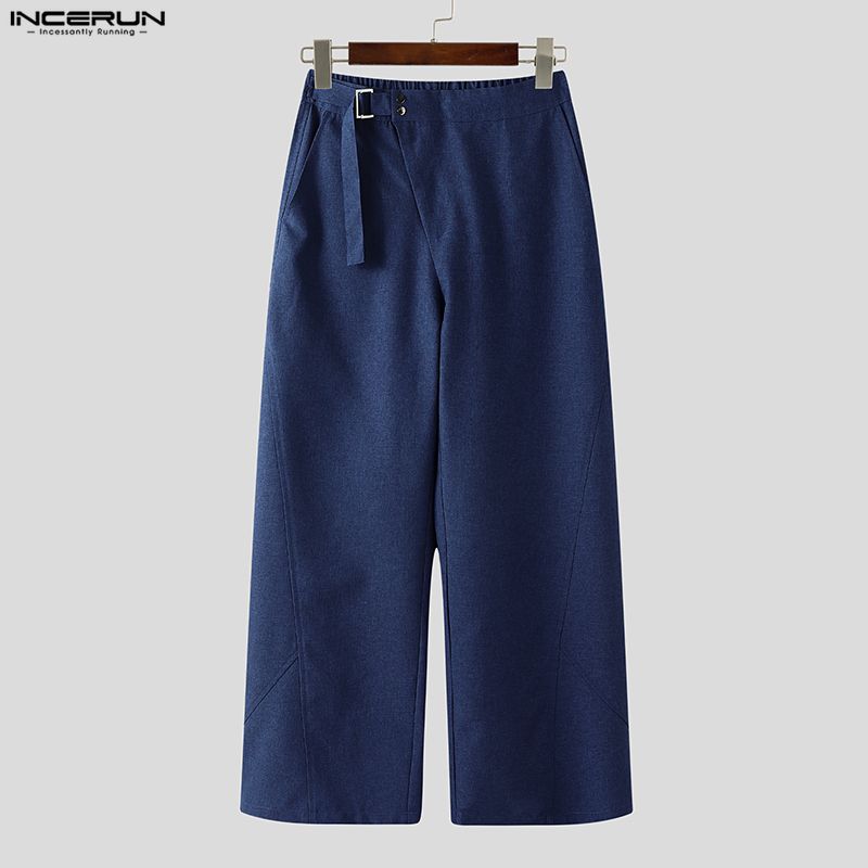 INCERUN Men Casual Back Elastic High Waist Front Cross Long Straight Pants Trousers