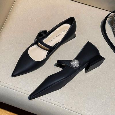 Fashion Women Pointed Mary Janes Loafers Female Fashion Belt BuckleShoes Spring New Fashion Shallow Loafers Round Toe Chunky Ballerinas
