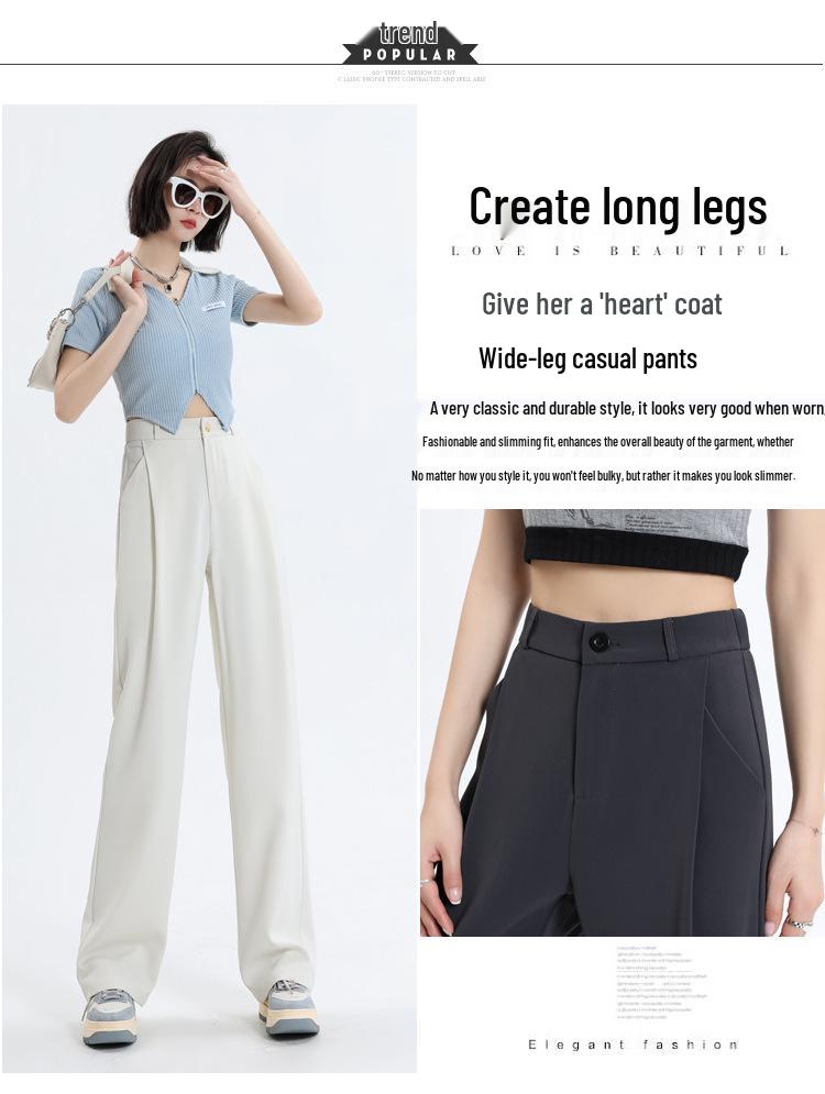 Women's Gray High-Waist Wide-Leg Pants: Spring/Autumn Slimming, Elegant Drape, Floor-Length, Straight-Leg