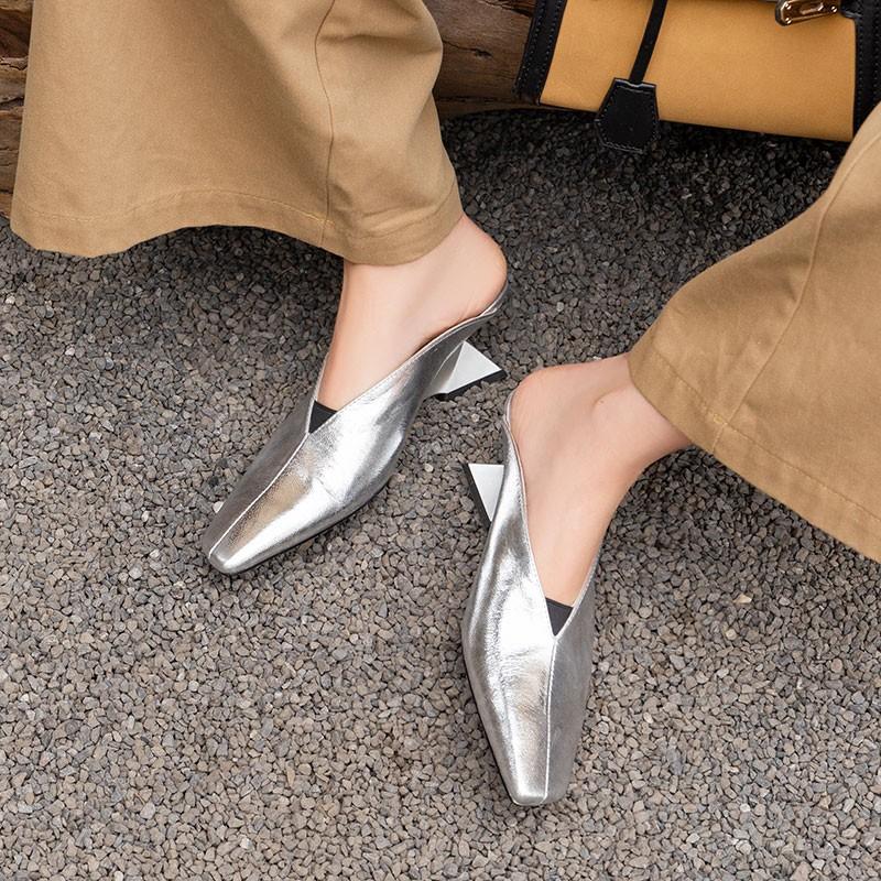 Fashion Baotou Slippers Women's New Spring Square Toe Shallow Mouth No Heel Half Drag Outward Wear Special-shaped Heel High Heels