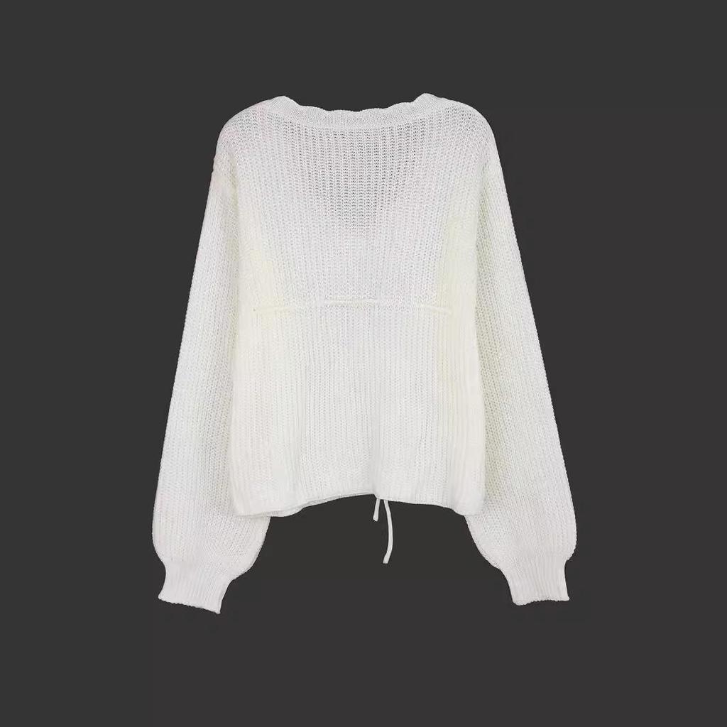 European & American Solid Color Tie-Up Pullover Knitwear for Spring, Autumn, Winter