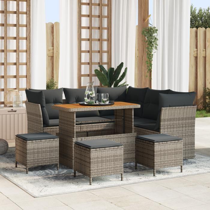 Ensemble de Canapé de Jardin de 9 Pièces Avec Coussins Gris Poly Rattan Acacia, Ensemble de Salle à Manger de Jardin de 4 3361493
