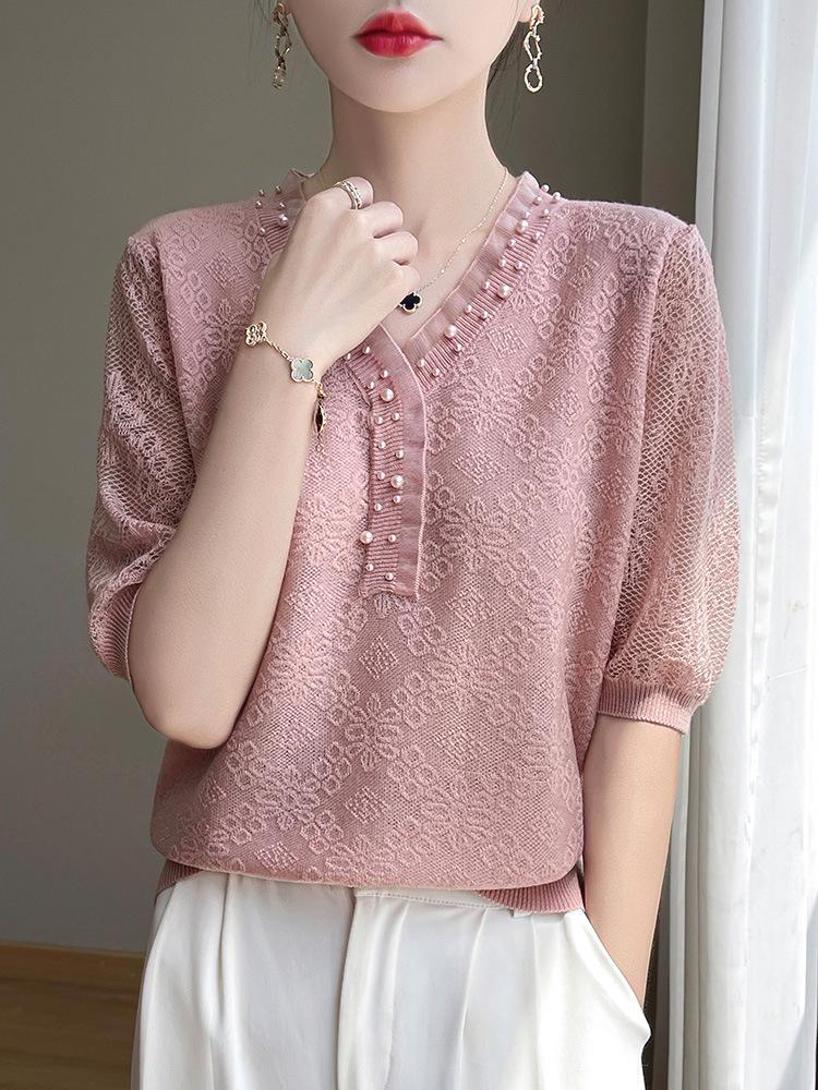 Versatile Women's V-Neck Hollow Knit Jacquard Blouse with Beaded Short Sleeves