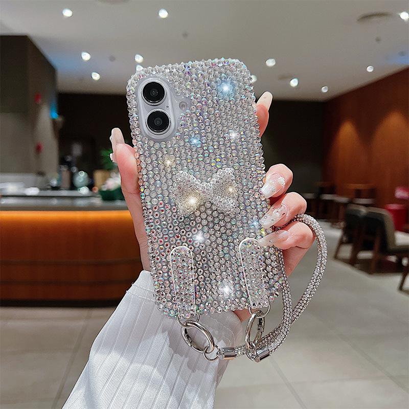 High-end Flash Diamond Bow Lanyard Mobile Phone Case for Apple 17promax Women's Model for IPhone16 Protective Case