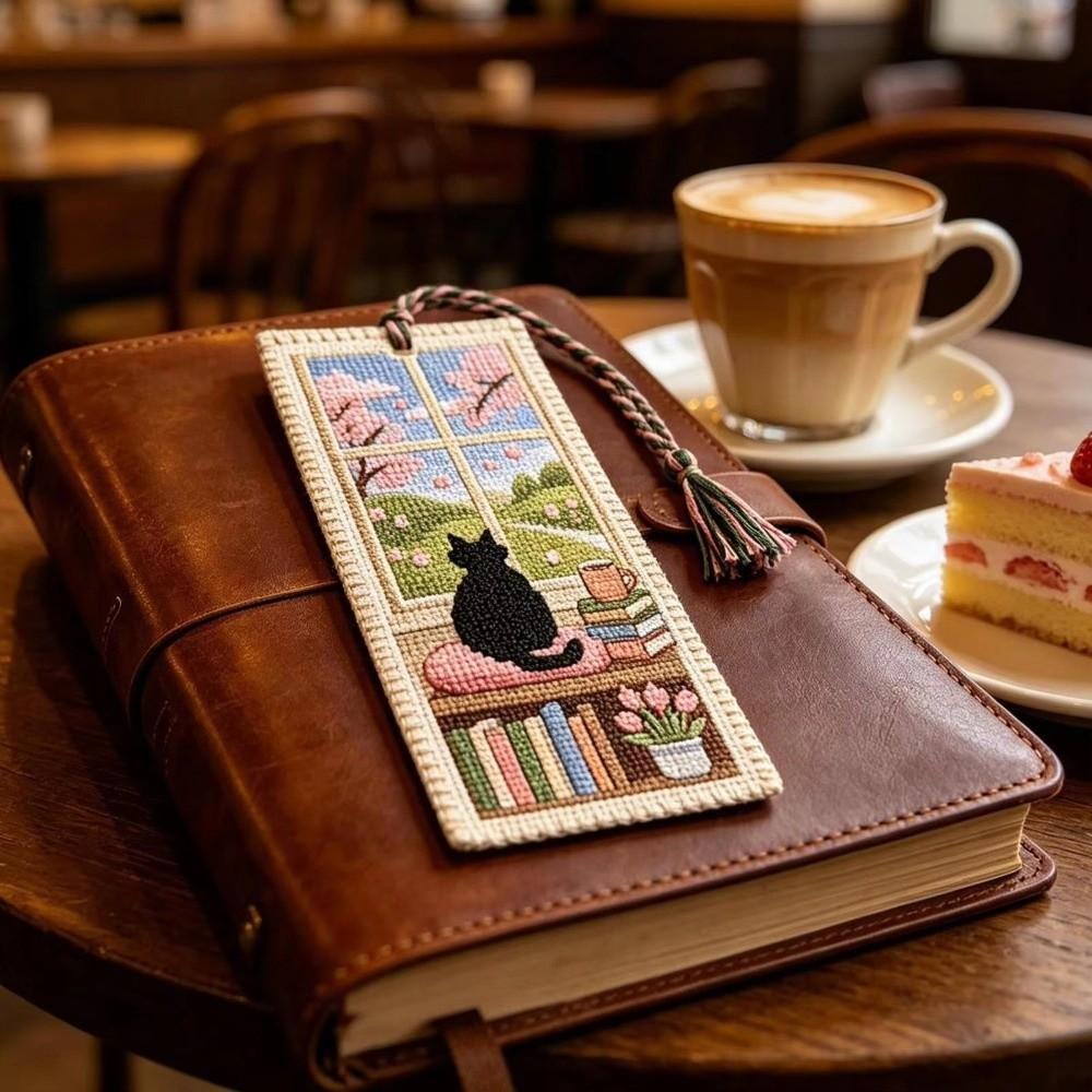 Handcrafted Cross Stitch Bookmark Material Kit Seasonal Cat Book Page Marker  for Book Lovers