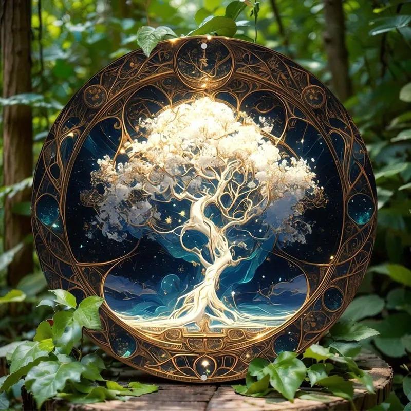 Tree of Life Mandala Old Style Round Logo, Art Deco Style Wall Decoration Front Door, Porch, Living Room, Bedroom