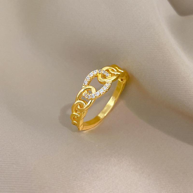 Real Gold Light Luxury Chain Full Diamond Ring Opening Adjustable Simple Jewelry Japanese Ring Couple Ring