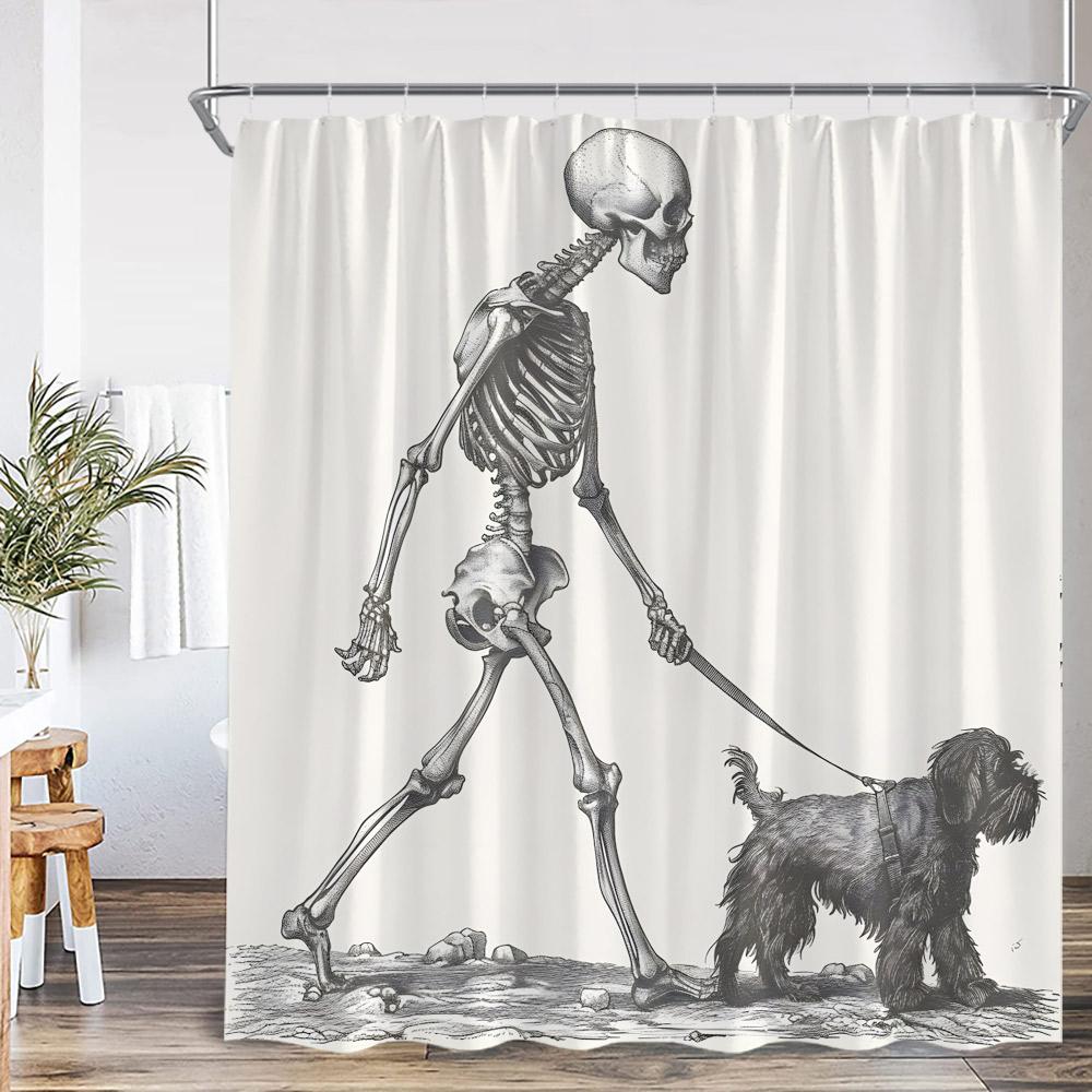 Funny Skeleton Shower Curtain Skull Happy Halloween Vintage Bathoom Decor Scary Retro Polyester Bath Curtain with Hook