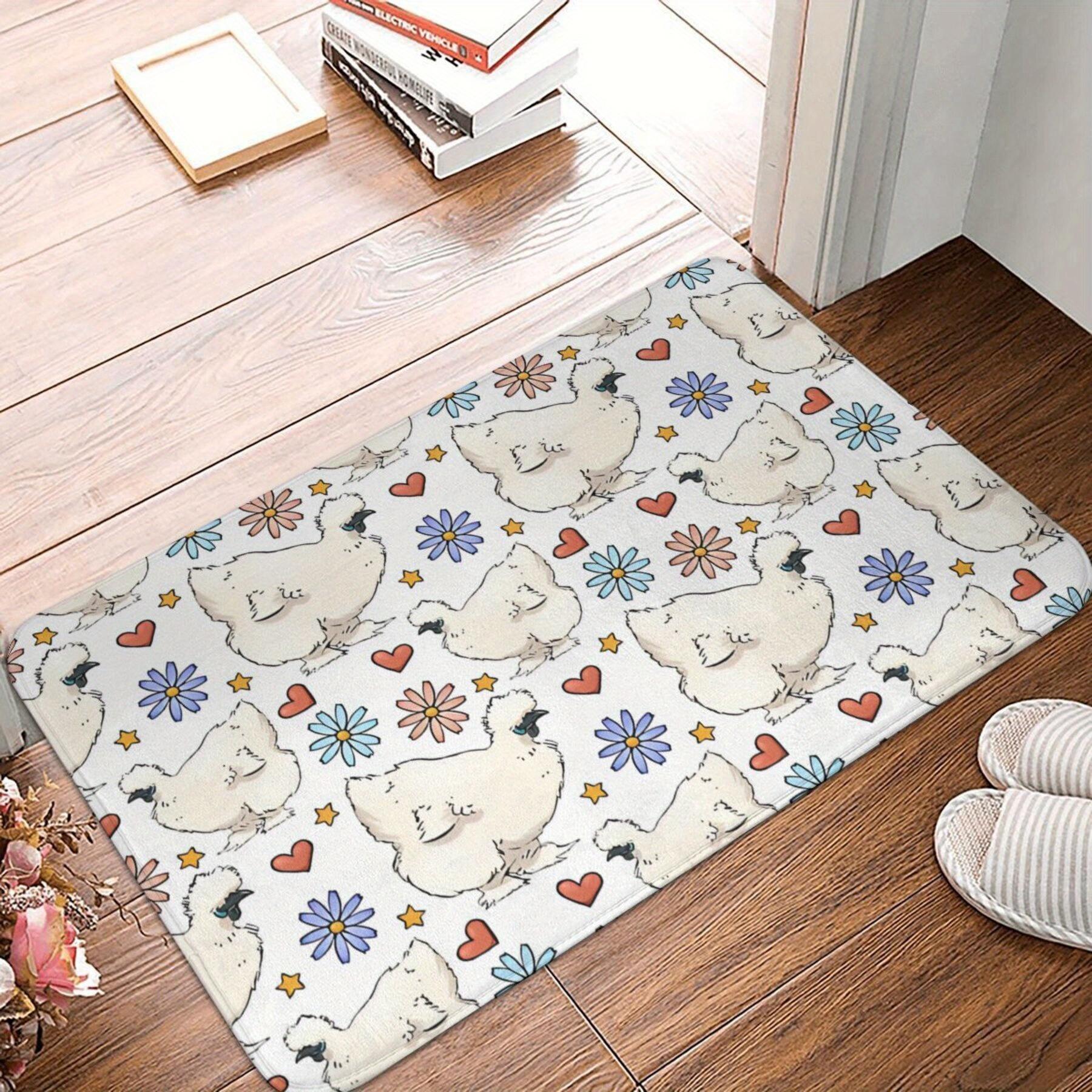 

Beige Mat with Chicken Illustration, Colorful Flowers, Hearts and Stars Pattern, Polyester Woven Fabric Rug for Indoor Decor 1PC 40x60cm