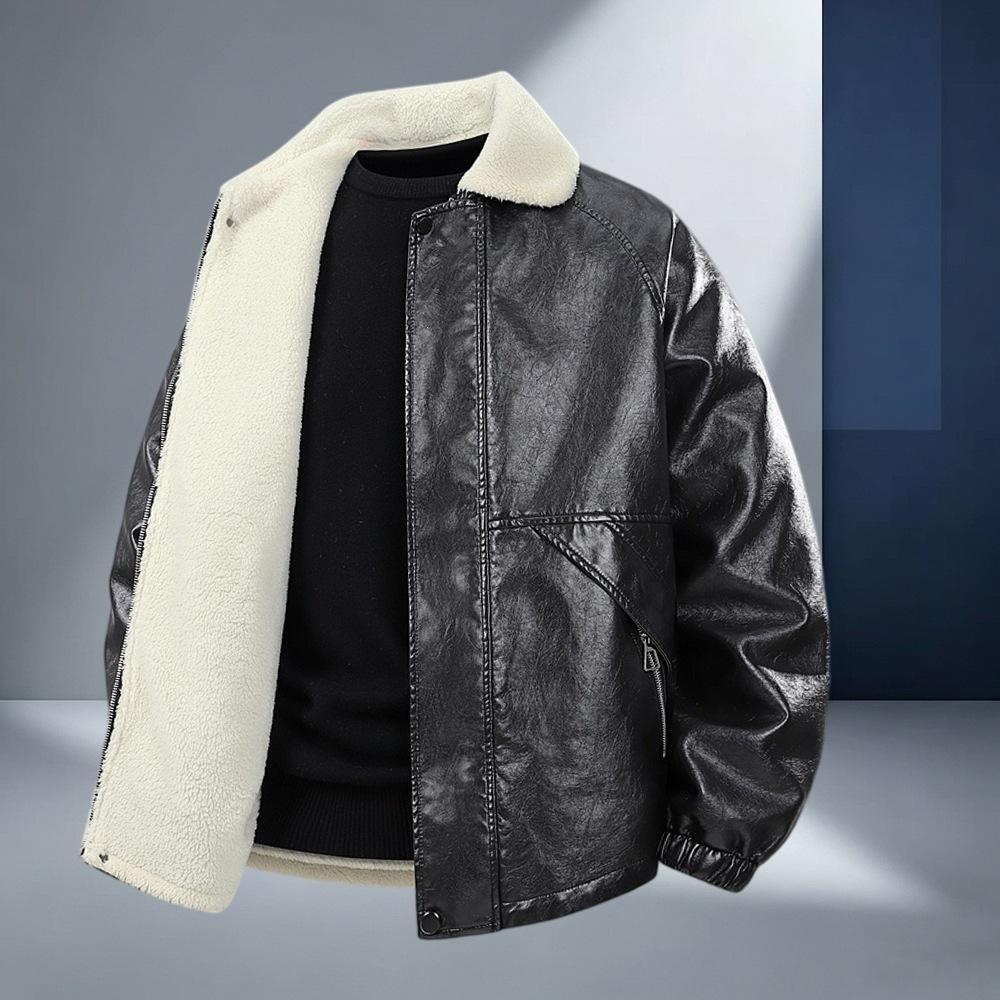 Exclusive for men's velvet PU leather jacket fashionable and casual thickened warm light luxury leather jacket men's lapel shoulder plugs