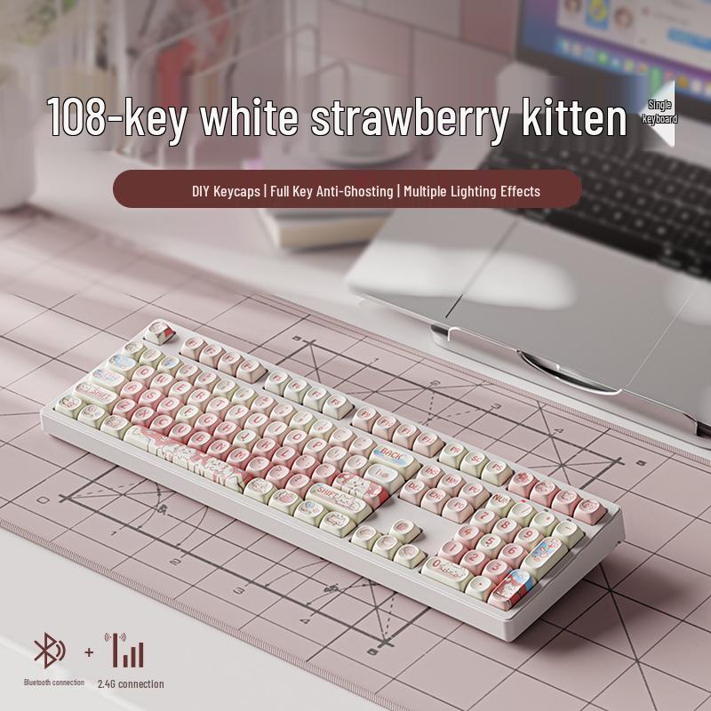 Strawberry Kitten Wireless Bluetooth Mechanical Keyboard with Universal Switches - Silent Design for Office and Gaming