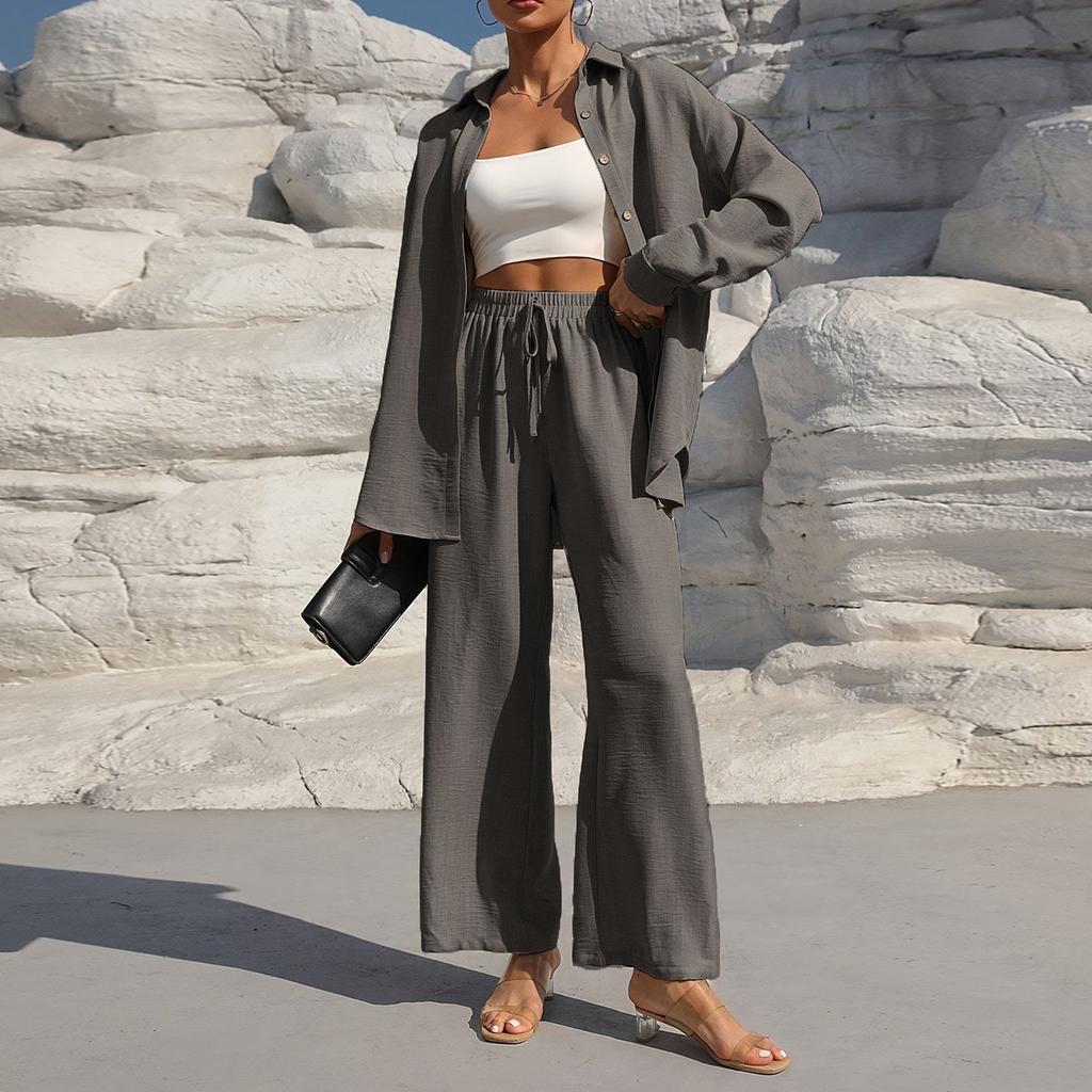 Women's Fashion Solid Color Collar Button Long Sleeve Top Elastic Waist Straight Pants Casual Set