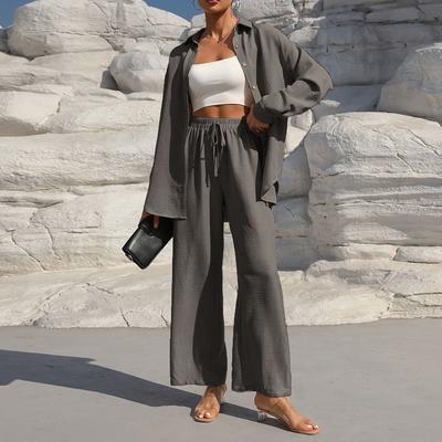 Moda Feminina Cor Sólida Gola Botão Manga Comprida Top Cintura Elástica Calças Retas Conjunto Casual