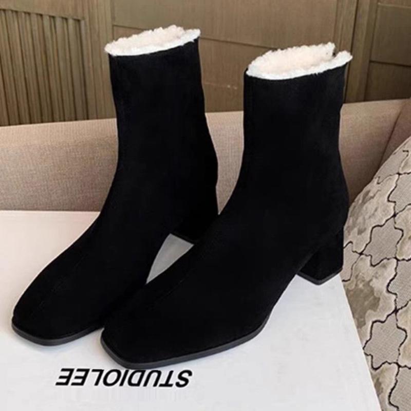 Designer Warm Plush Women Ankle Boots Fashion Square Toe High Heel Shoes Laides Comfort Cottom Shoes