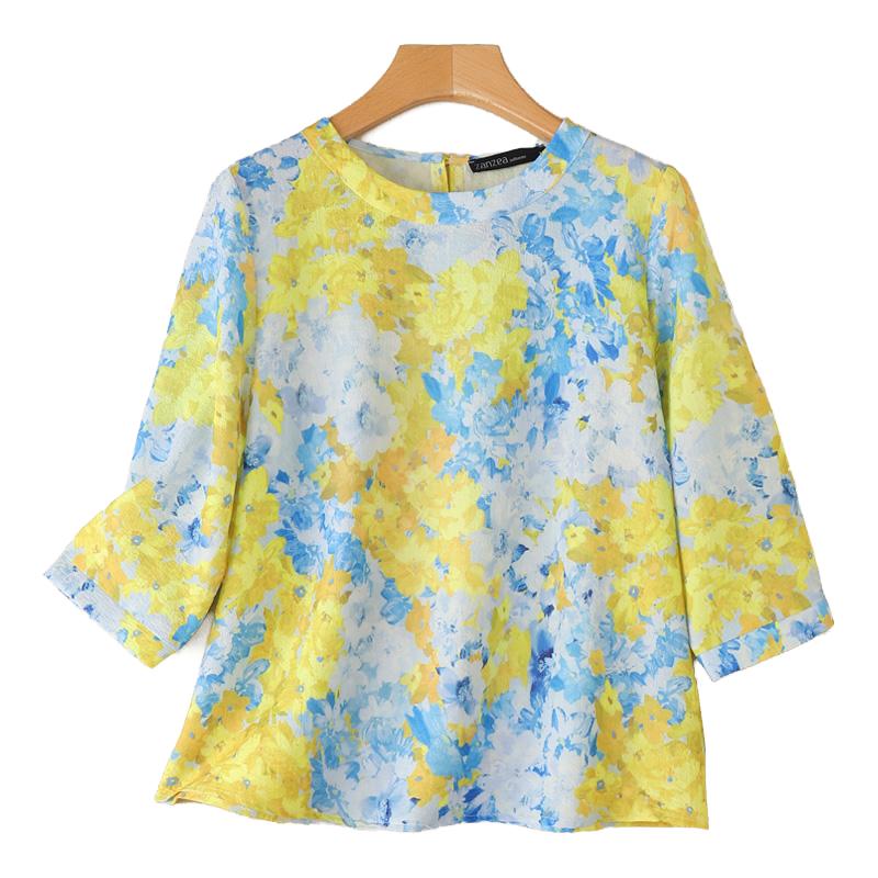 

ZANZEA Женская летняя блузка с круглым вырезом, рукавами 3/4, свободного кроя, с принтом S жёлтый