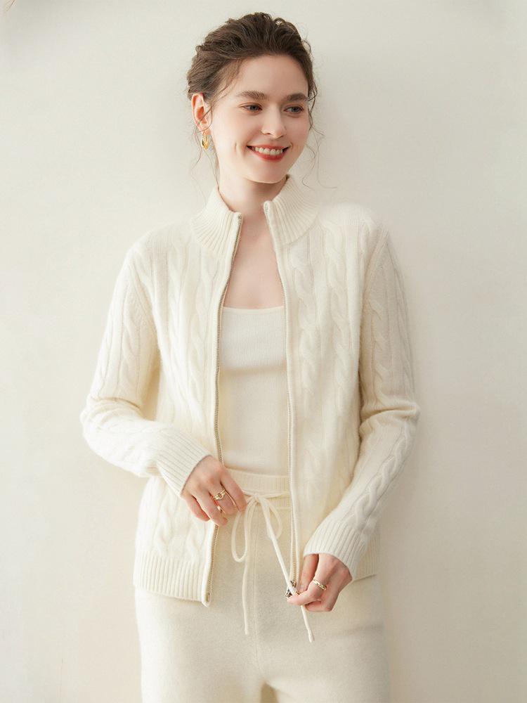 Women's Luxury Heavy-Duty Cable Knit Cashmere Cardigan, High Neck, Double Zipper, Loose Fit, Slimming, Thick Sweater Coat