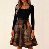 Women's Vintage Long Sleeve Square Neck Dress with Halloween Print for Party Evening Wear