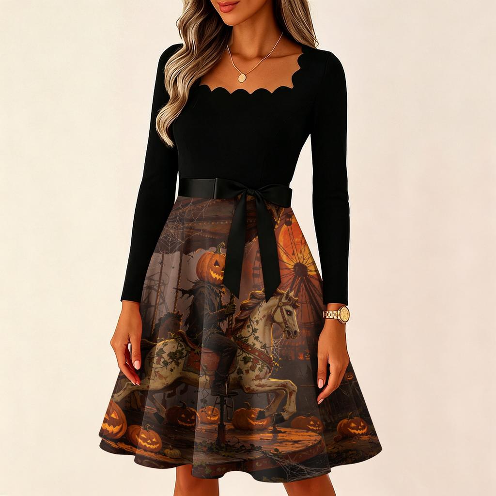 Women's Vintage Long Sleeve Square Neck Dress with Halloween Print for Party Evening Wear