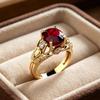 Retro Leaf Carved Ruby Ring Gold Color Red Crystal Engagement Ring Luxury Vintage Style Promise Ring for Women Wedding Jewelry