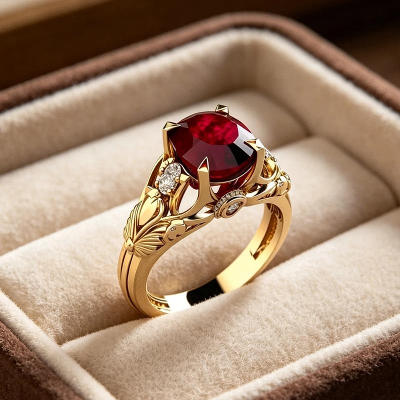 Retro Leaf Carved Ruby Ring Gold Color Red Crystal Engagement Ring Luxury Vintage Style Promise Ring for Women Wedding Jewelry
