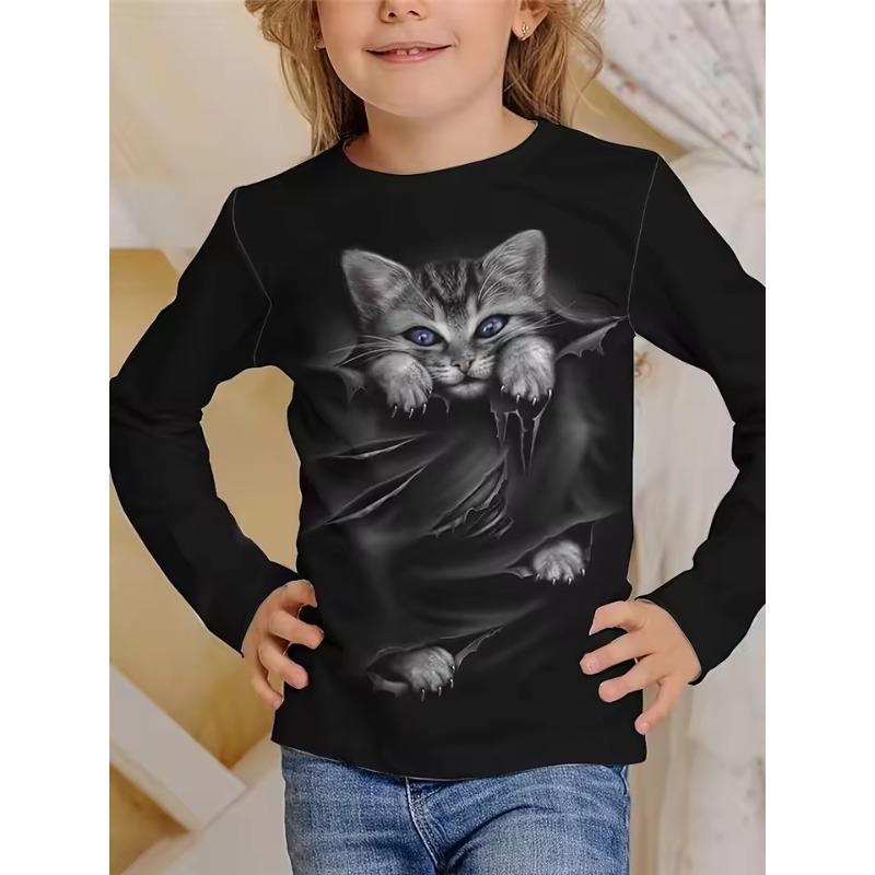 Abbigliamento Bambini Magliette Manica Lunga Bambina Maglietta Bambino Cartone Animato Girocollo Stampa Gatto Casual Abiti Estivi Bambina Top Maglietta