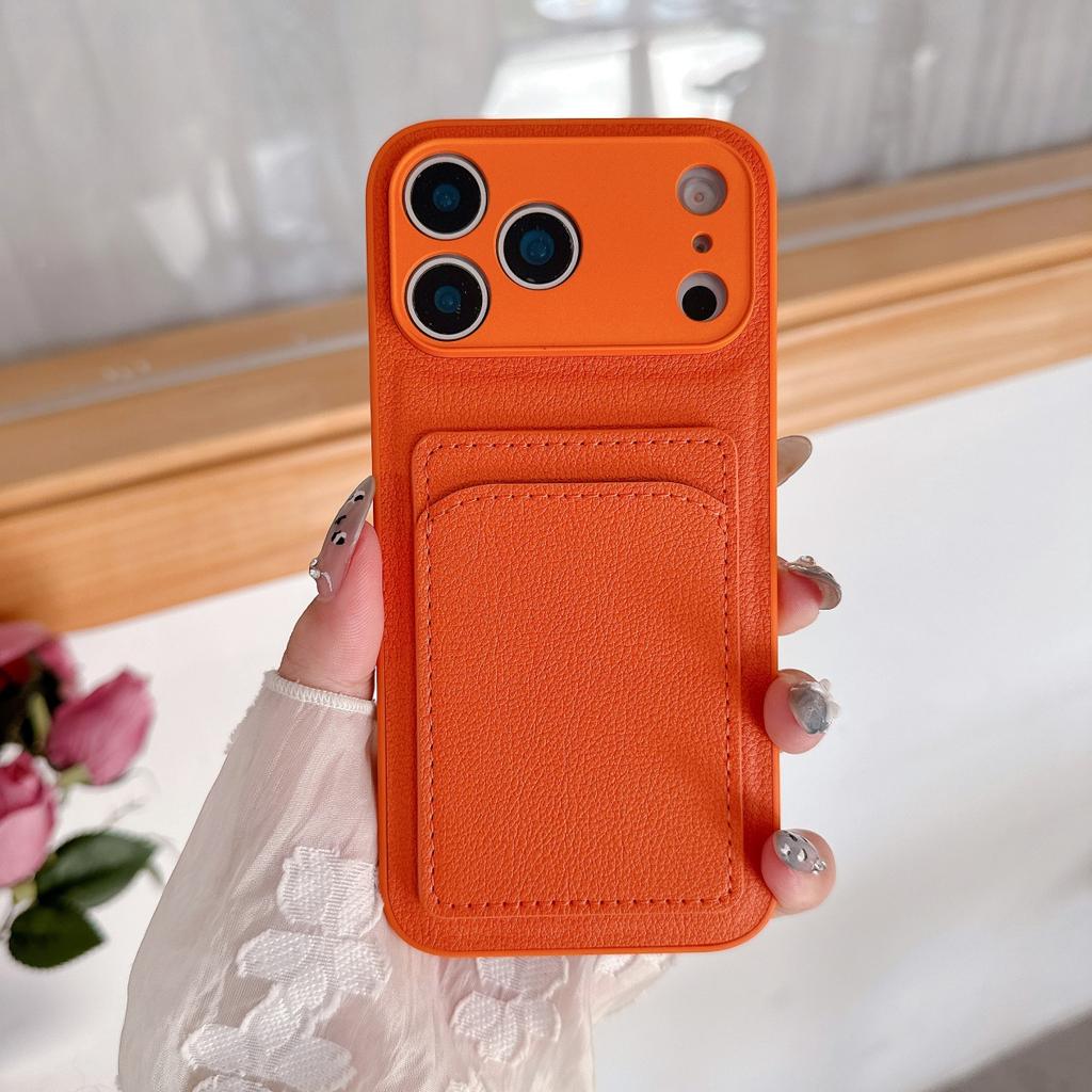 Orange Color Card Holder Leather Case For iPhone 17 Air 16 E 15 14 13 12 Mini 11 Pro X XR XS Max 7 8 Plus SE Wallet Pocket Cover