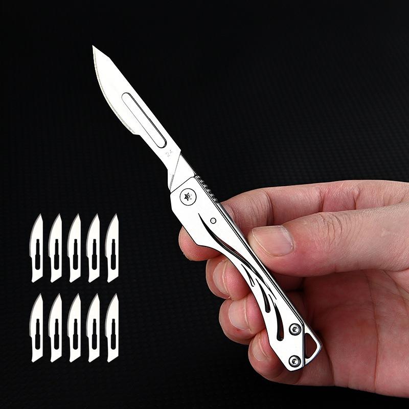 Stainless Steel Folding Knife with 10PCS Replaceable Blades Scalpel Keychain Gadgets Survival Men Gift Pocket UnBoxing Cutter