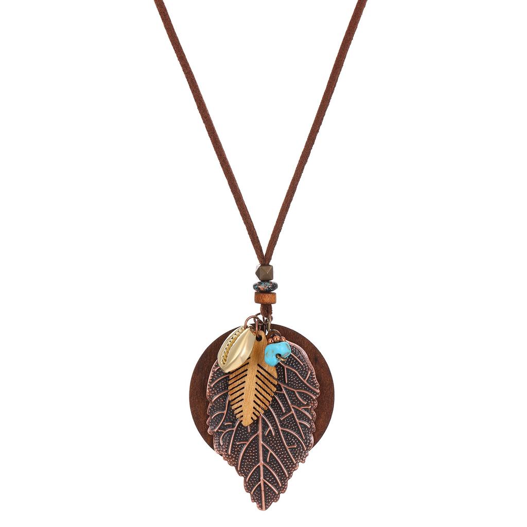 Bohemian Leaf & Turquoise Jewelry Set, Vintage Wood & Metal Necklace, Earrings & Ring for Women
