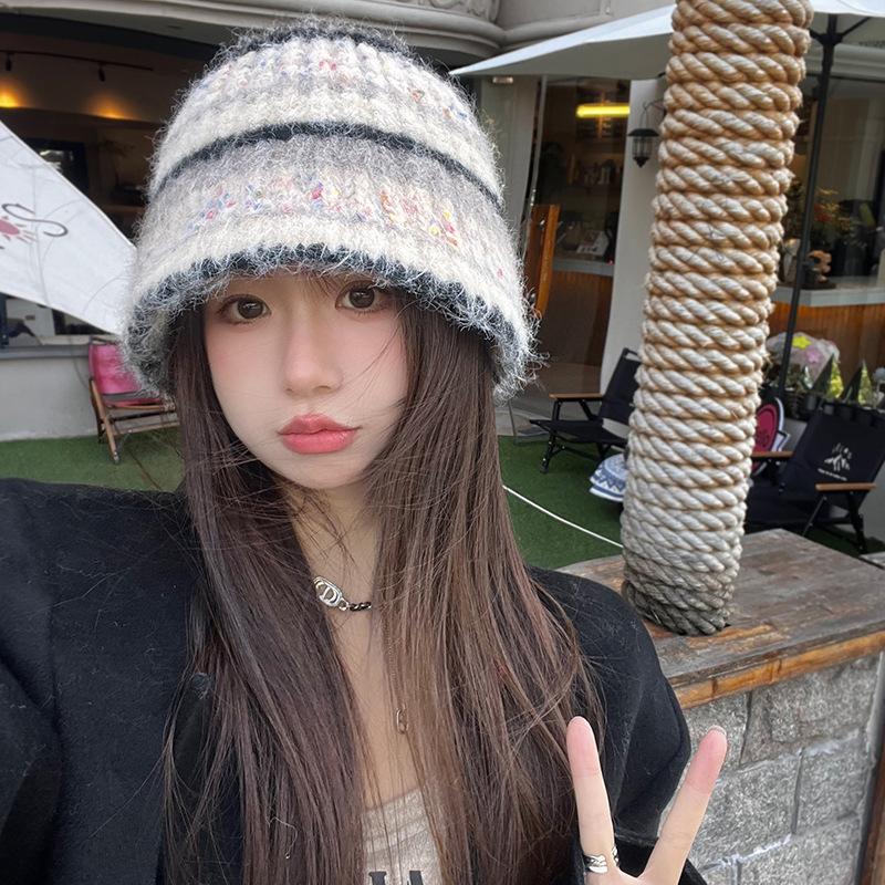 New Striped Basin Hat Winter Warm Knitted Plush Fisherman Hat Korean Style Versatile Wool Bucket Hat for Women
