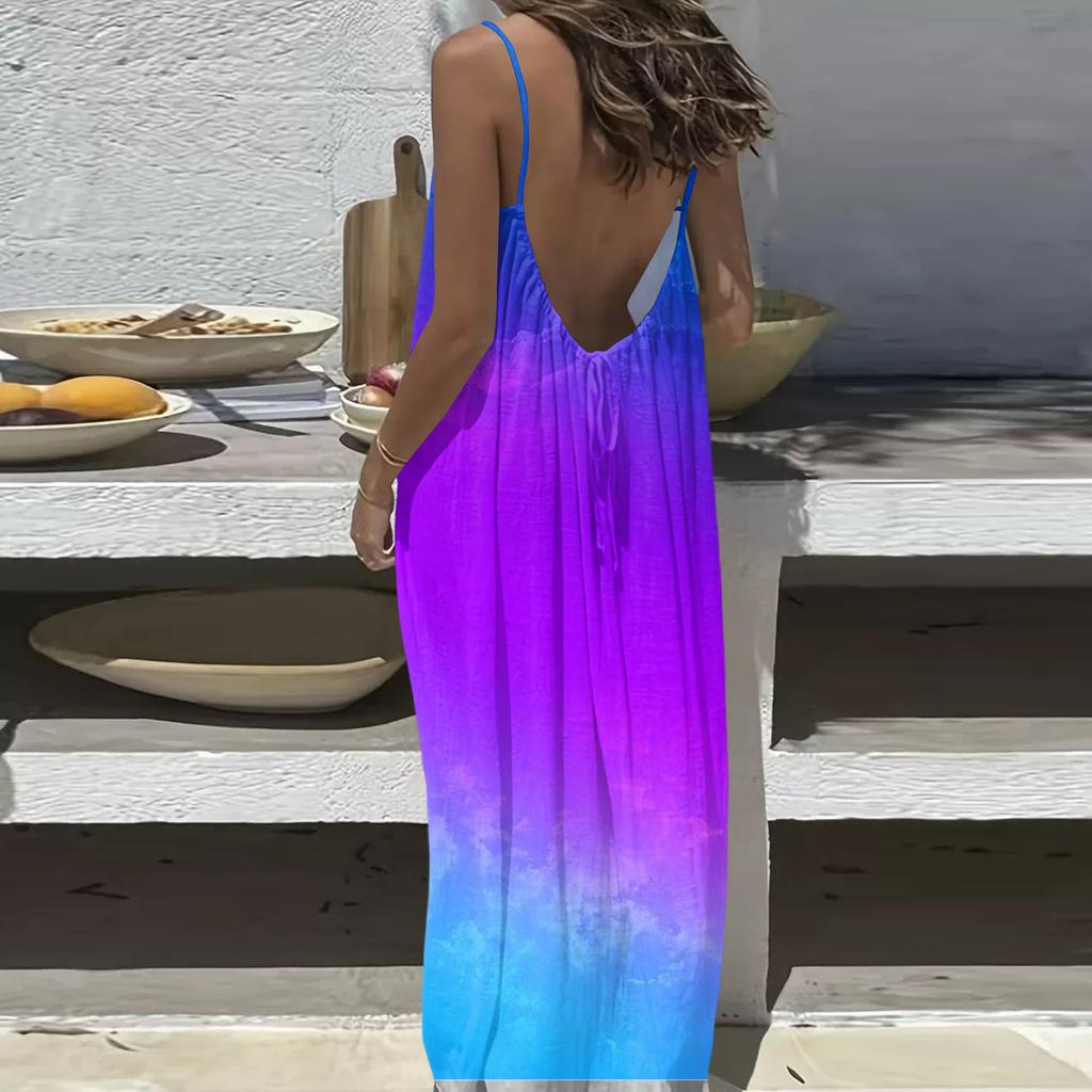 Dámské Módní Ležérní Volné Šaty s Květinovým Potiskem a Úzkými Ramínky Bez Zad