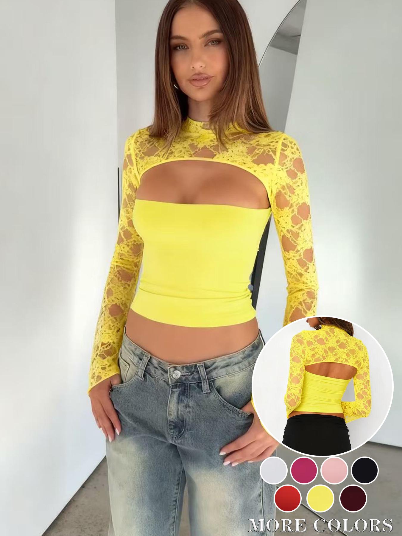 2026 Summer Slimming Lace Long Sleeve Solid Color Top - European & American Style Small жёлтый